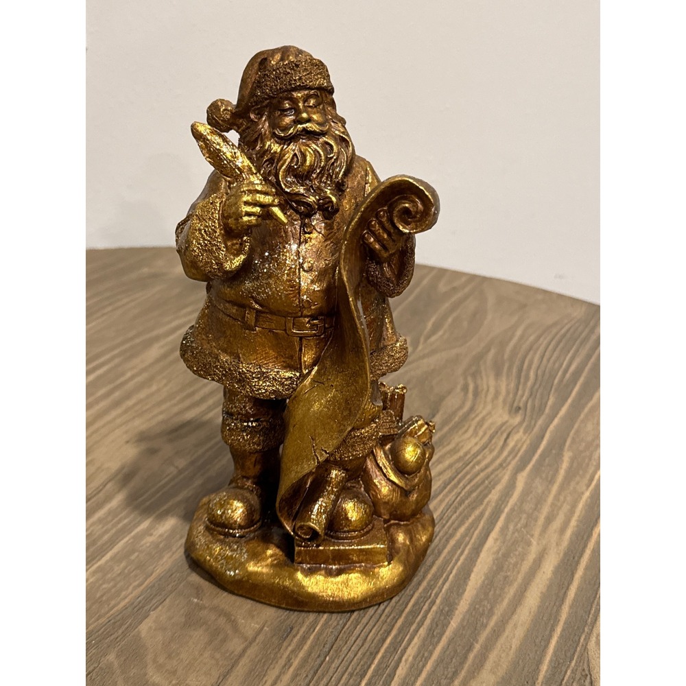 Holiday Time Christmas Santa Checking List Figurine Antique Gold Resin 10" Decor